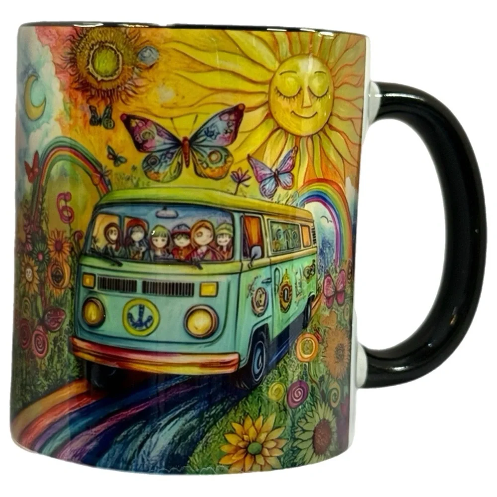 Psychedelic Peace Van Mug - Retro Hippie Art -Rainbow Road Sunflower Ceramic Cup